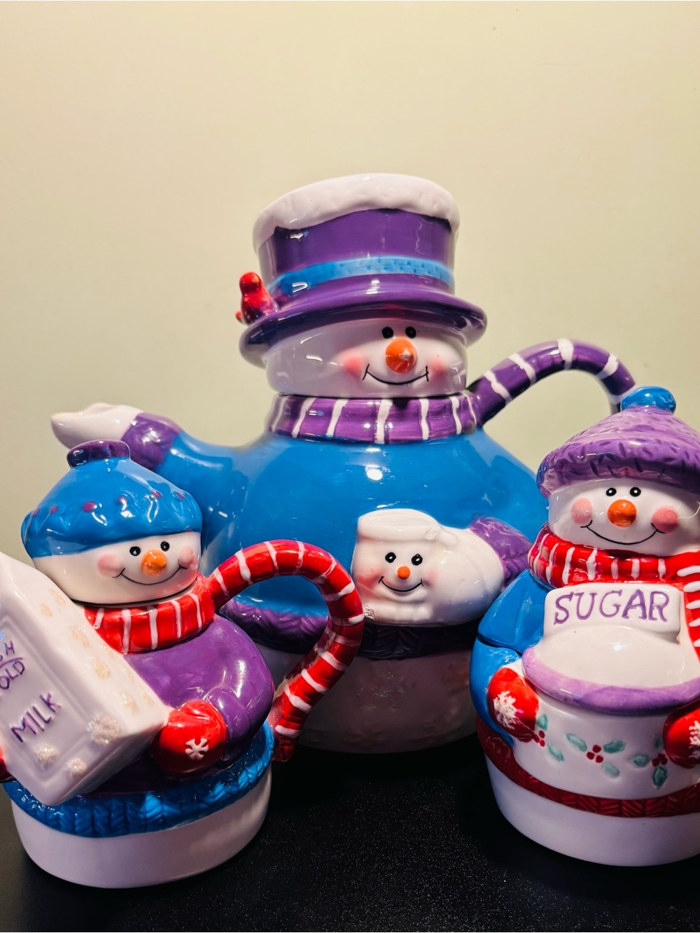 Houston Harvest Ceramic Winter Snowman Teapot, Creamer & Sugar Bowl Set